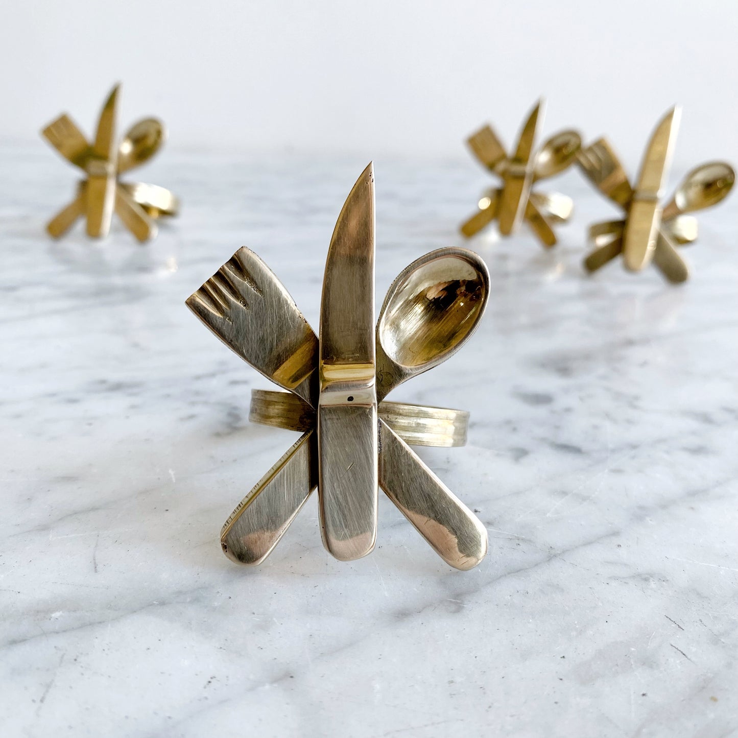 S/4 Vintage Modernist Brass "Flatware" Napkin Rings