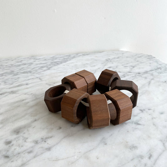 S/8 Vintage Geometric Walnut Napkin Rings