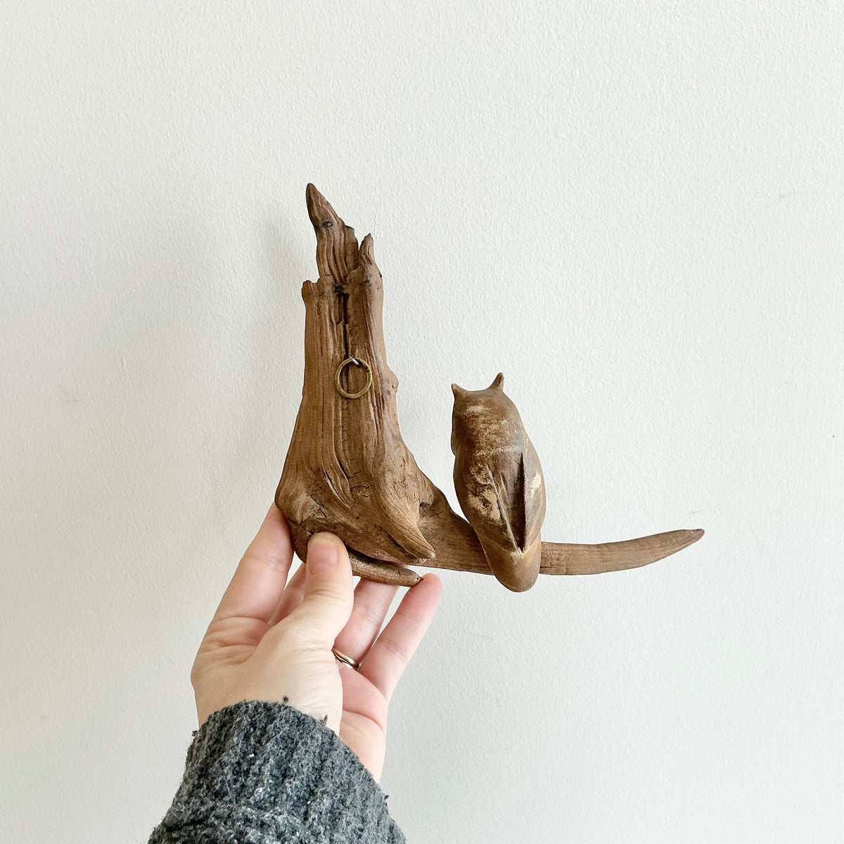Vintage Carved Owl + Driftwood Art