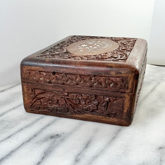 Vintage Carved Wooden Box with Inlay