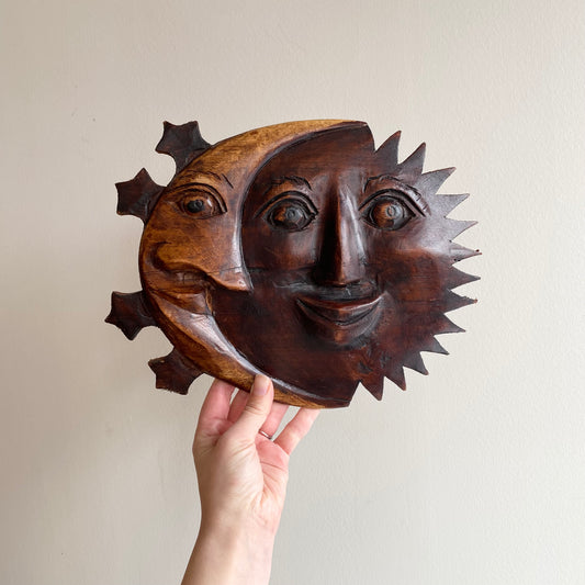 Vintage Carved Wood Sun + Moon Wall Decor