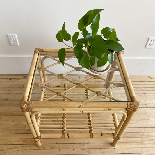 Vintage Rattan + Glass End Table