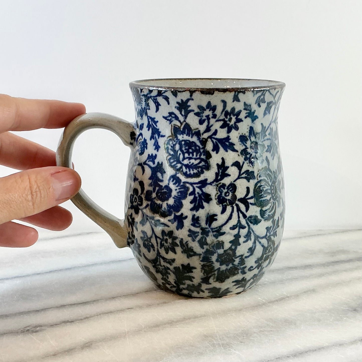 Vintage Blue + Gray Ceramic Floral Mug