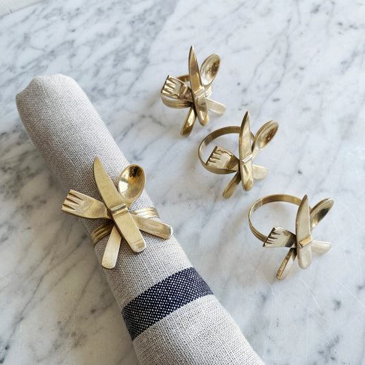 S/4 Vintage Modernist Brass "Flatware" Napkin Rings
