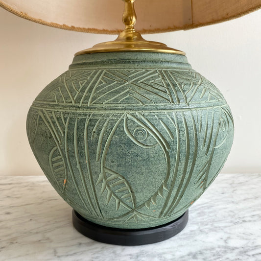 Vintage "Carved" Green Ceramic Lamp