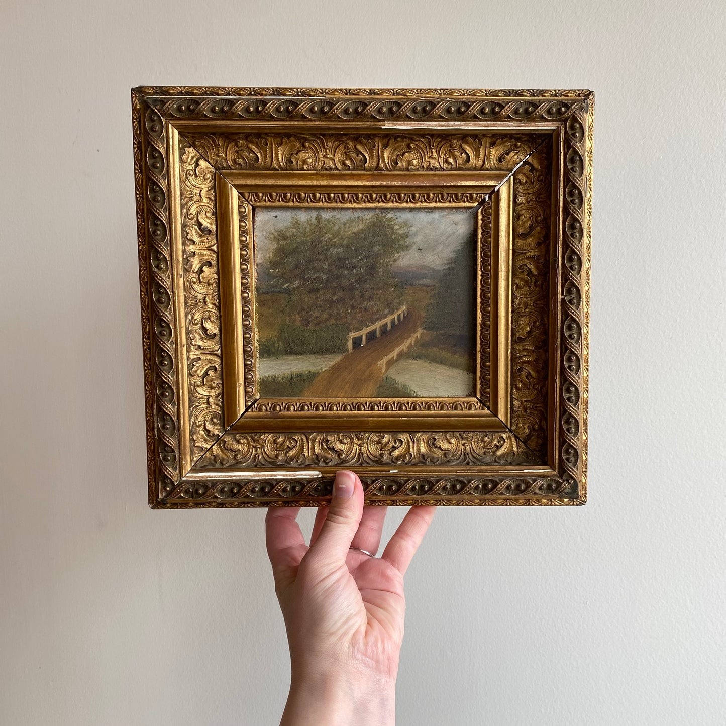 Original Antique Oil Painting, River + Bridge