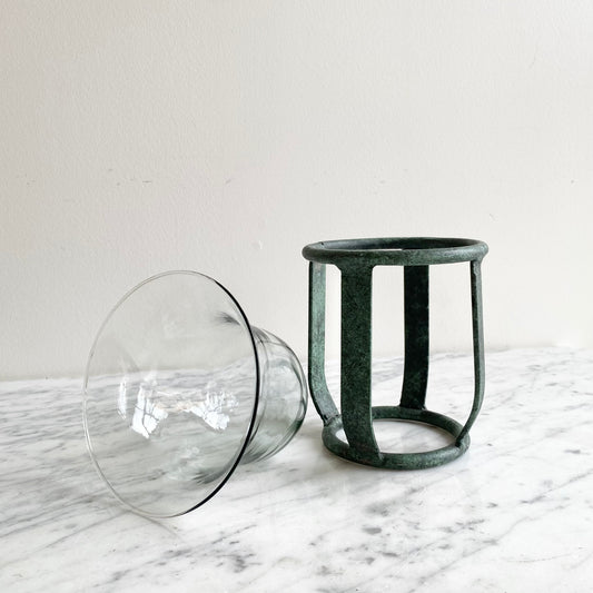 Vintage Blown Glass Candle Holder with Metal Stand, Mexico