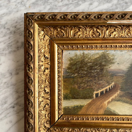 Original Antique Oil Painting, River + Bridge