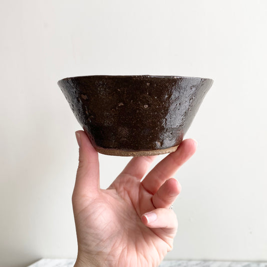 Single Found Dark Brown Pottery Bowl, 6"