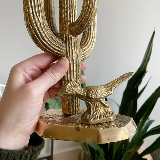 Large Vintage Brass Cactus with Roadrunner, 11"