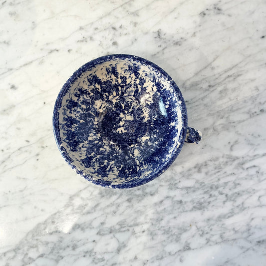 Vintage Blue Spongeware Bowl with Handle