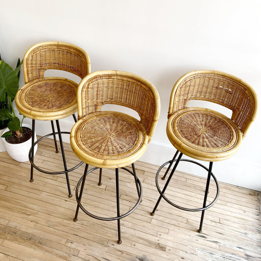 Set of 3 Vintage Mid-Century Wicker Barstools