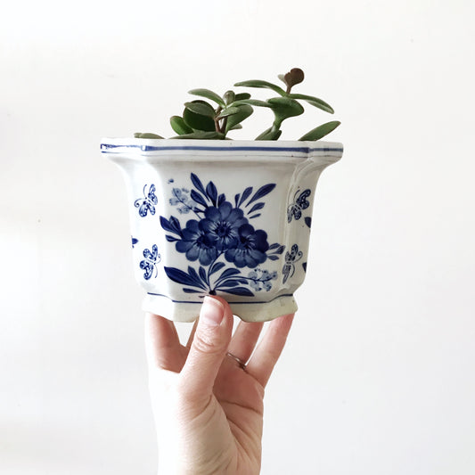 Vintage Ceramic Planter, Blue + White Floral