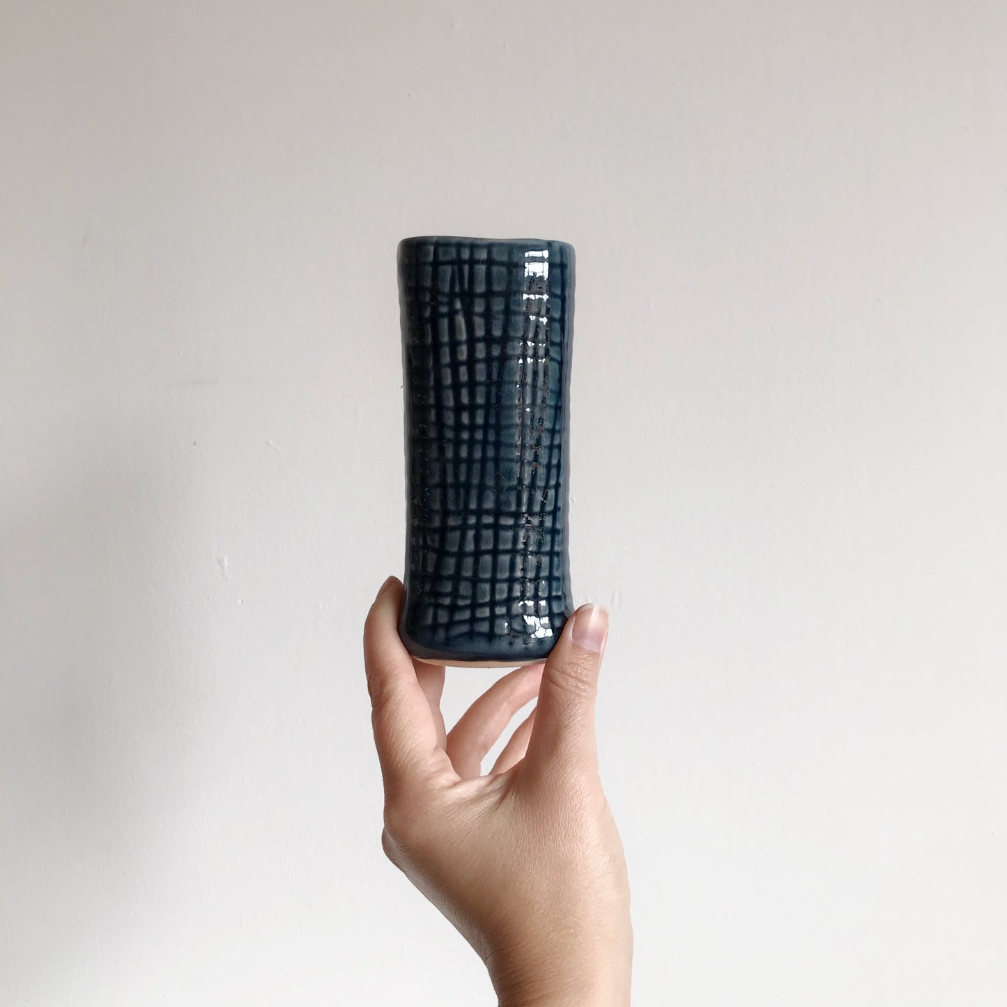 Blue Ceramic Vase with Grid Pattern