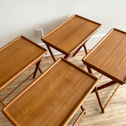 Set of 4 Vintage Teak Folding Trays with Stand