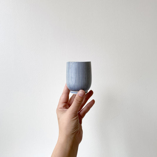 Single Petite Blue Pinstripe Porcelain Cup