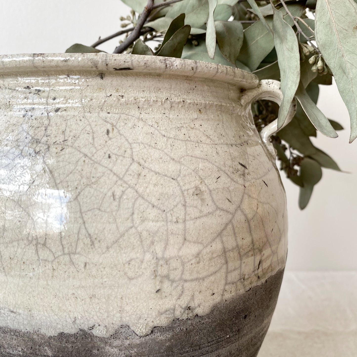 Large Vintage Clay Vase, Charcoal & White