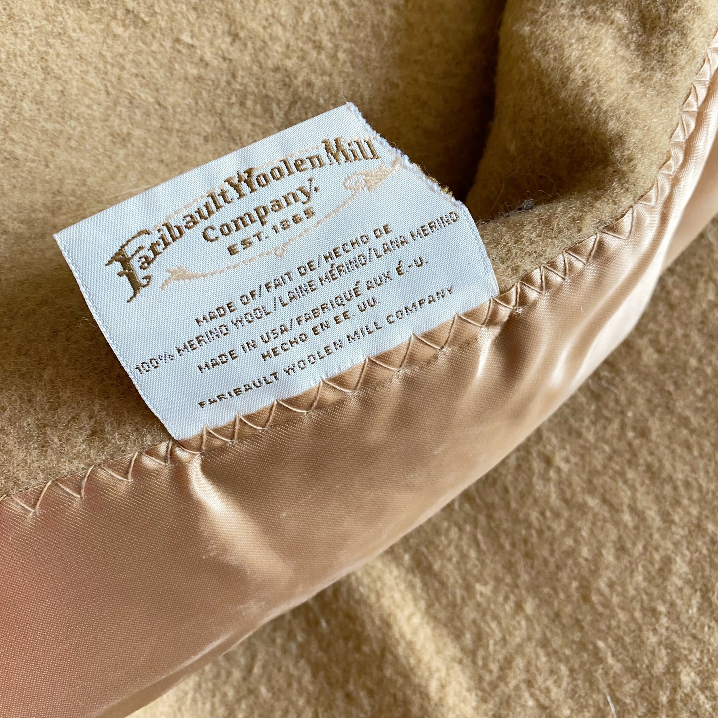 Large Vintage Faribault Woolen Mills Blanket, Camel (80 x 91)