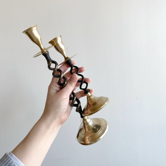 Pair of Spiral Brass + Iron Candle Holders