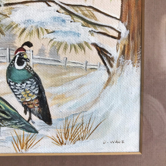 Snowy Quail Painting, Framed