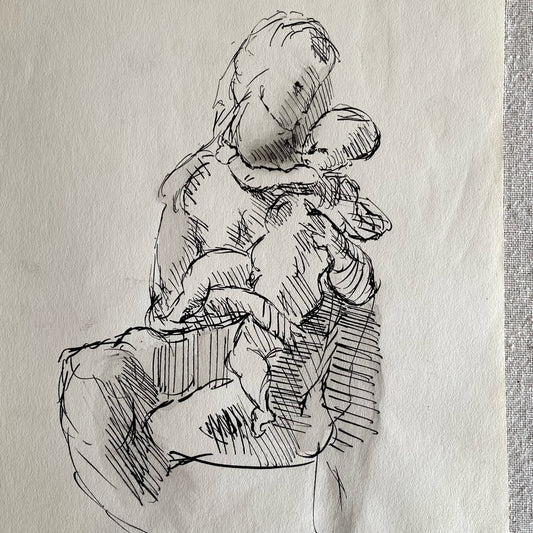 Vintage Original Ink Drawing, Woman + Child