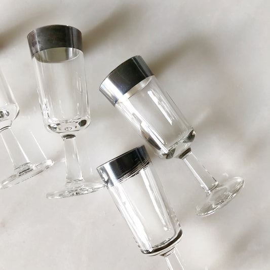 Set of 4 Vintage Sherry Glasses, Silver Rim