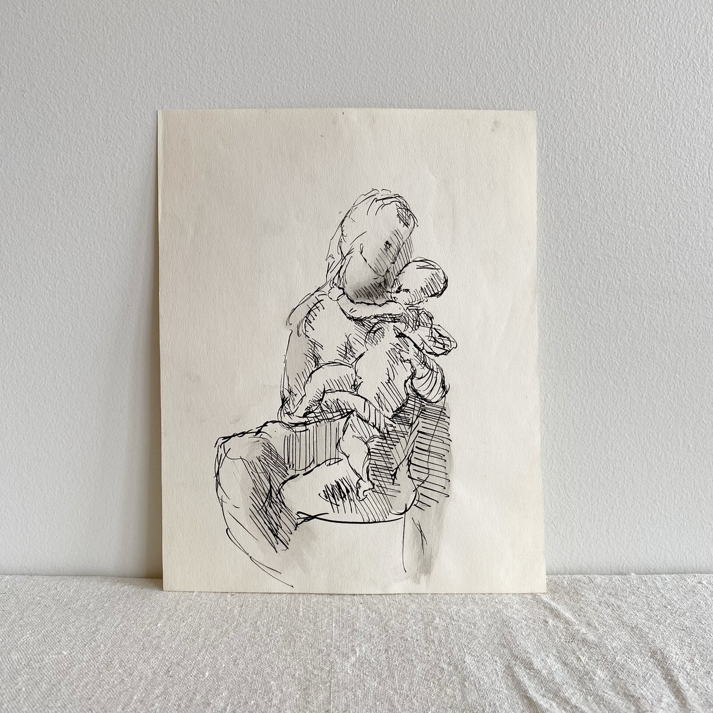 Vintage Original Ink Drawing, Woman + Child