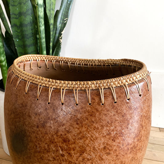 Oversized Vintage Clay Vase with Rattan Edge
