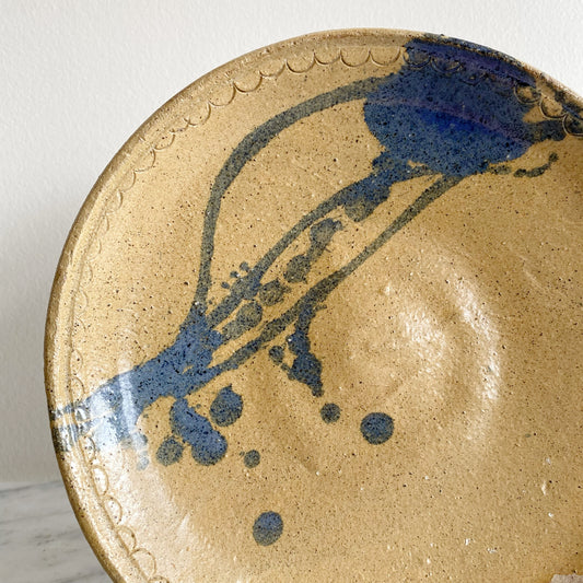 Vintage Pottery Plate with Blue Splatter Design