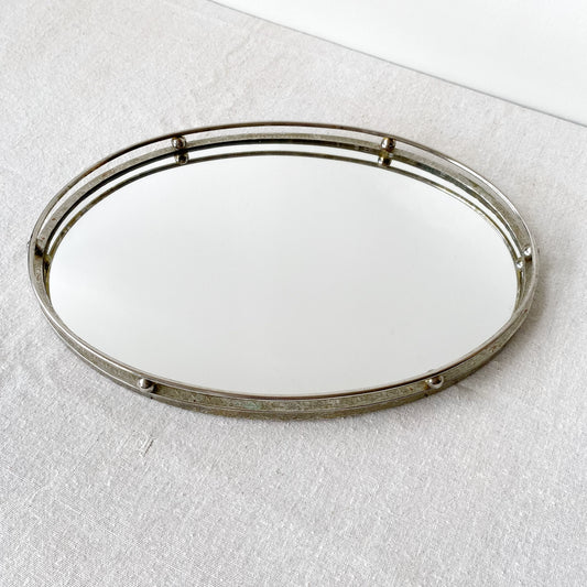 Vintage Oval Mirrored Tray with Silver Rim + Rail