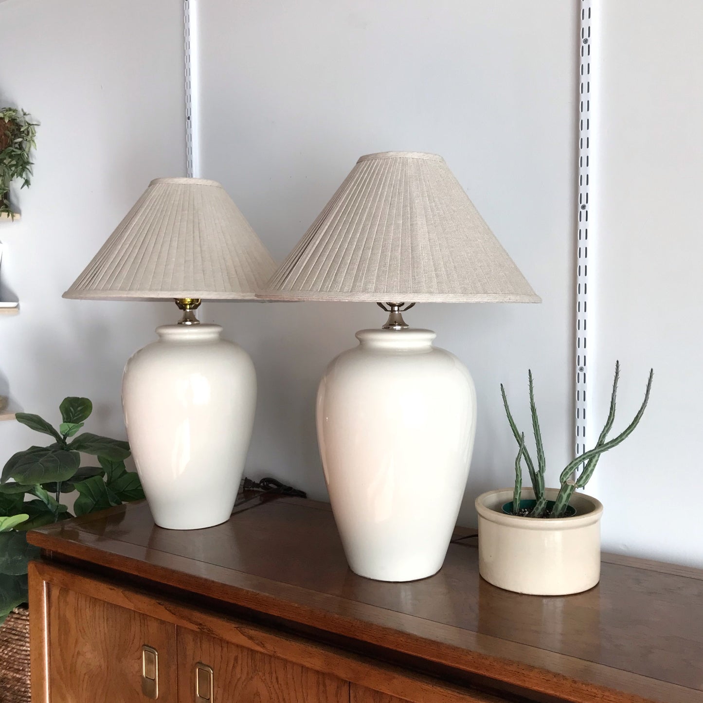 PAIR of XL Vintage Ceramic Lamps with Pleated Shades