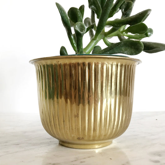 Small Vintage Ribbed Brass Planter