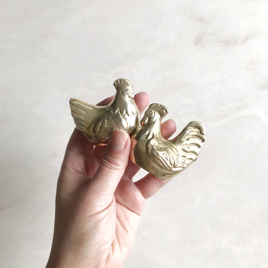 Vintage Polished Brass Hen + Rooster Pair