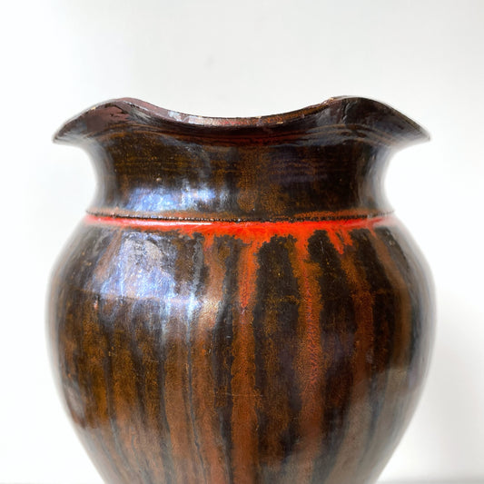 Vintage Black and Red Pottery Vessel with Ruffle Lip