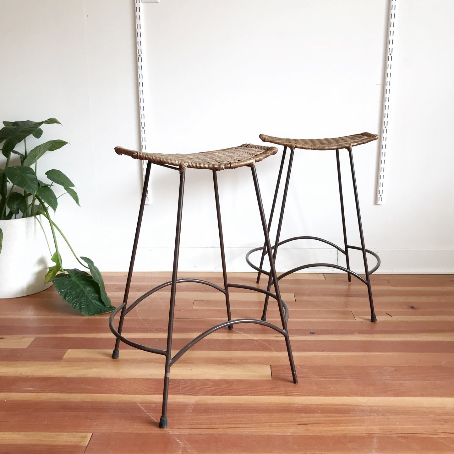 Pair of Vintage Wicker Stools, Attr. Arthur Umanoff
