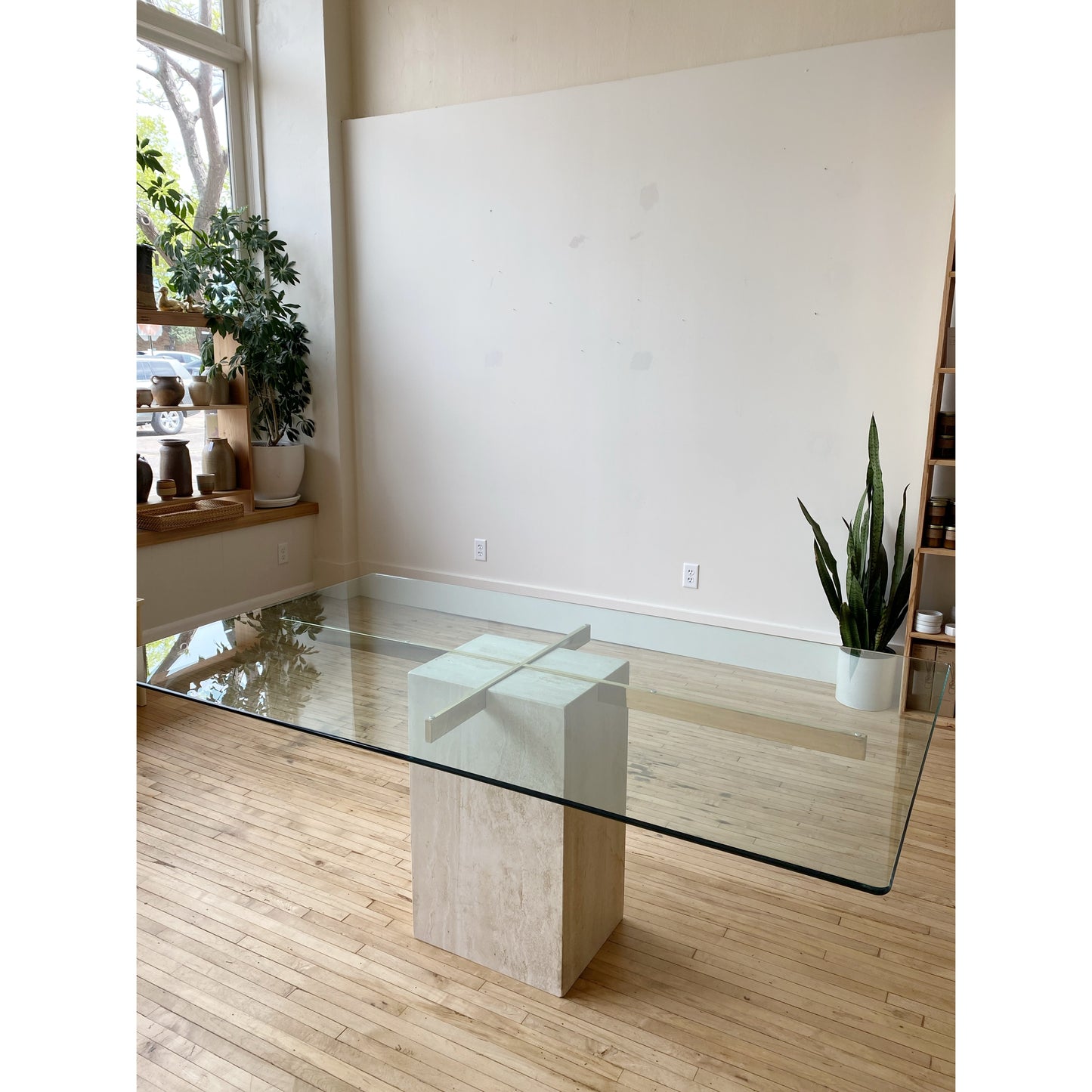 Vintage Italian Travertine + Glass Dining Table