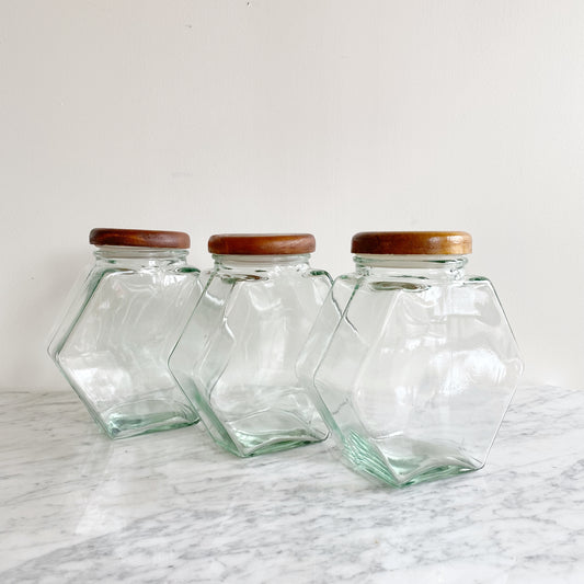 Vintage Glass Hexagon Container with Wood Lid