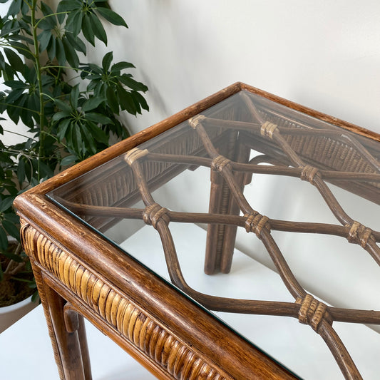 Vintage Rattan + Glass End Table / Side Table