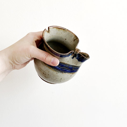 Vintage Handcrafted Stoneware Pitcher, Blue Stripe