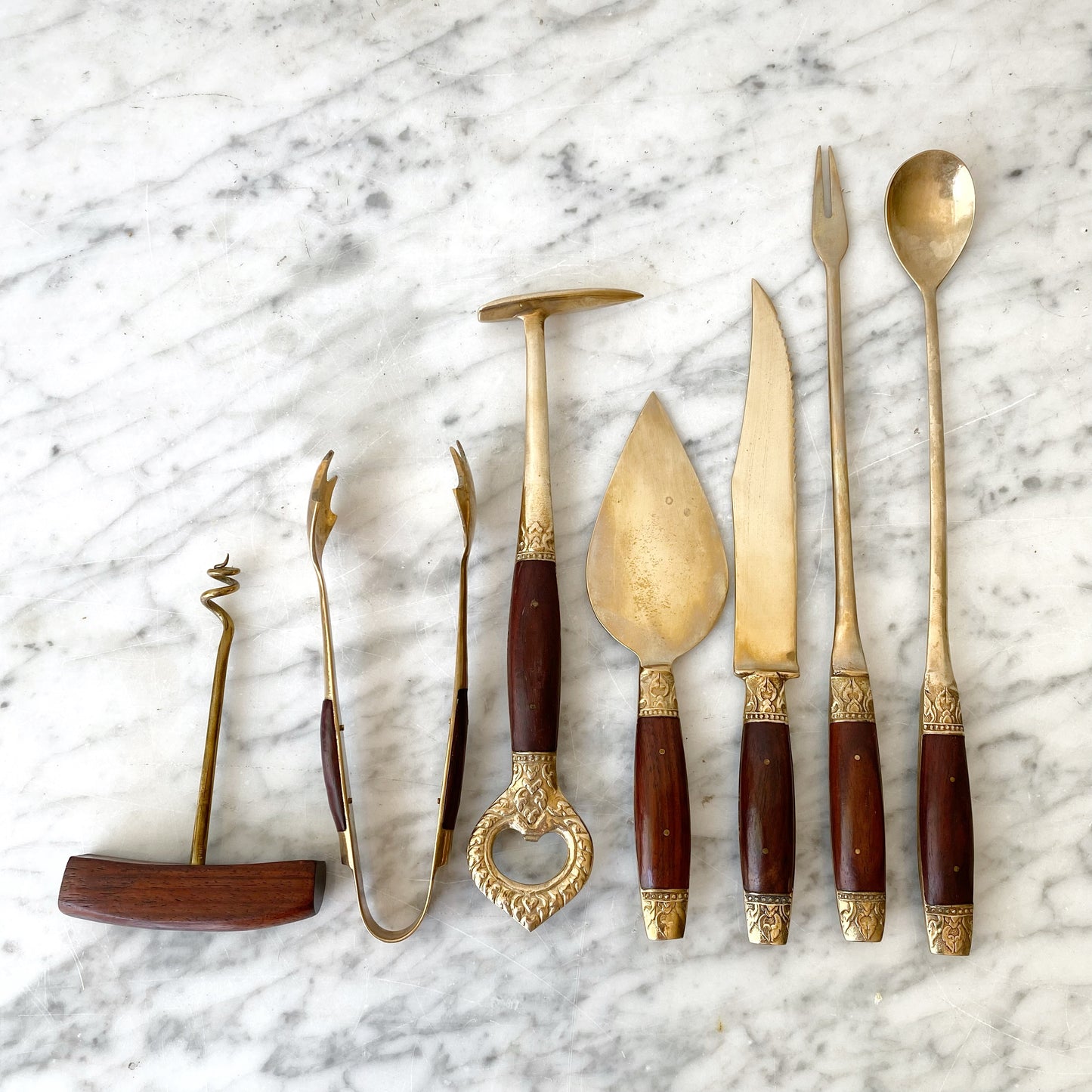 Vintage Solid Brass + Rosewood Bar Set, 7-piece