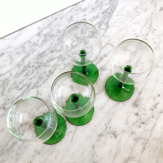 Vintage Green Stemmed Glasses, Set of 4