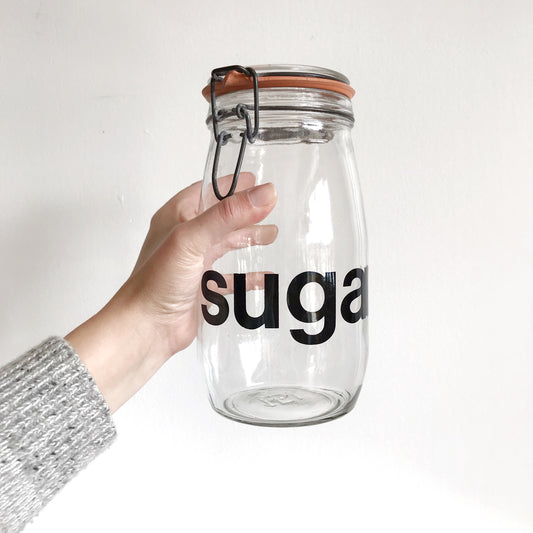 Vintage Glass Sugar Jar with Typography