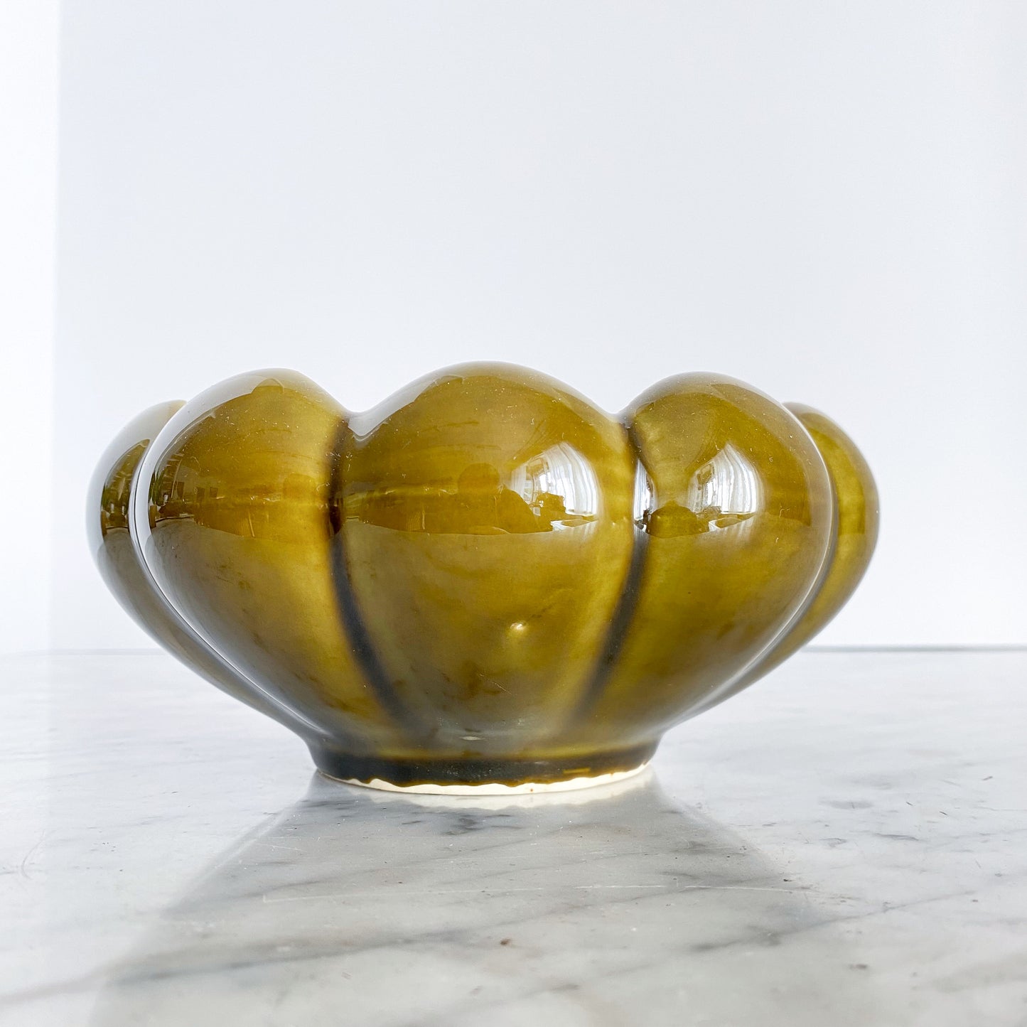 Vintage Ceramic Scalloped Planter in Olive