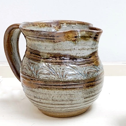 Vintage Handcrafted Stoneware Pitcher, Blue Stripe