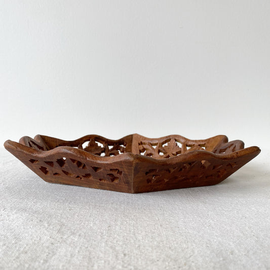 Vintage Carved Wood Tray with Inlay