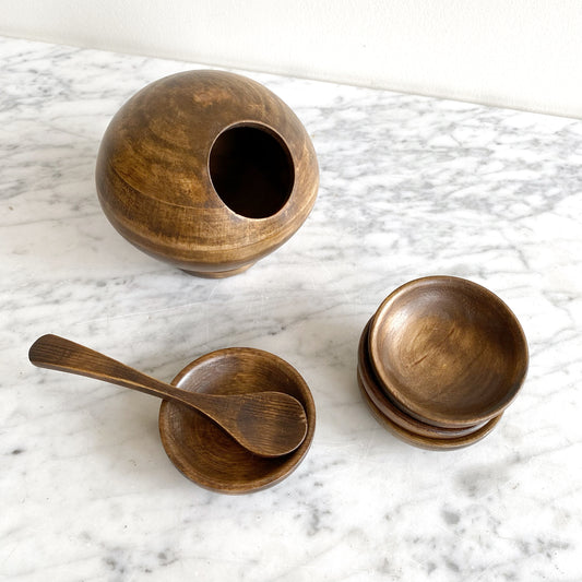 Vintage Wooden Salt Cellar + 4 Pinch Bowls