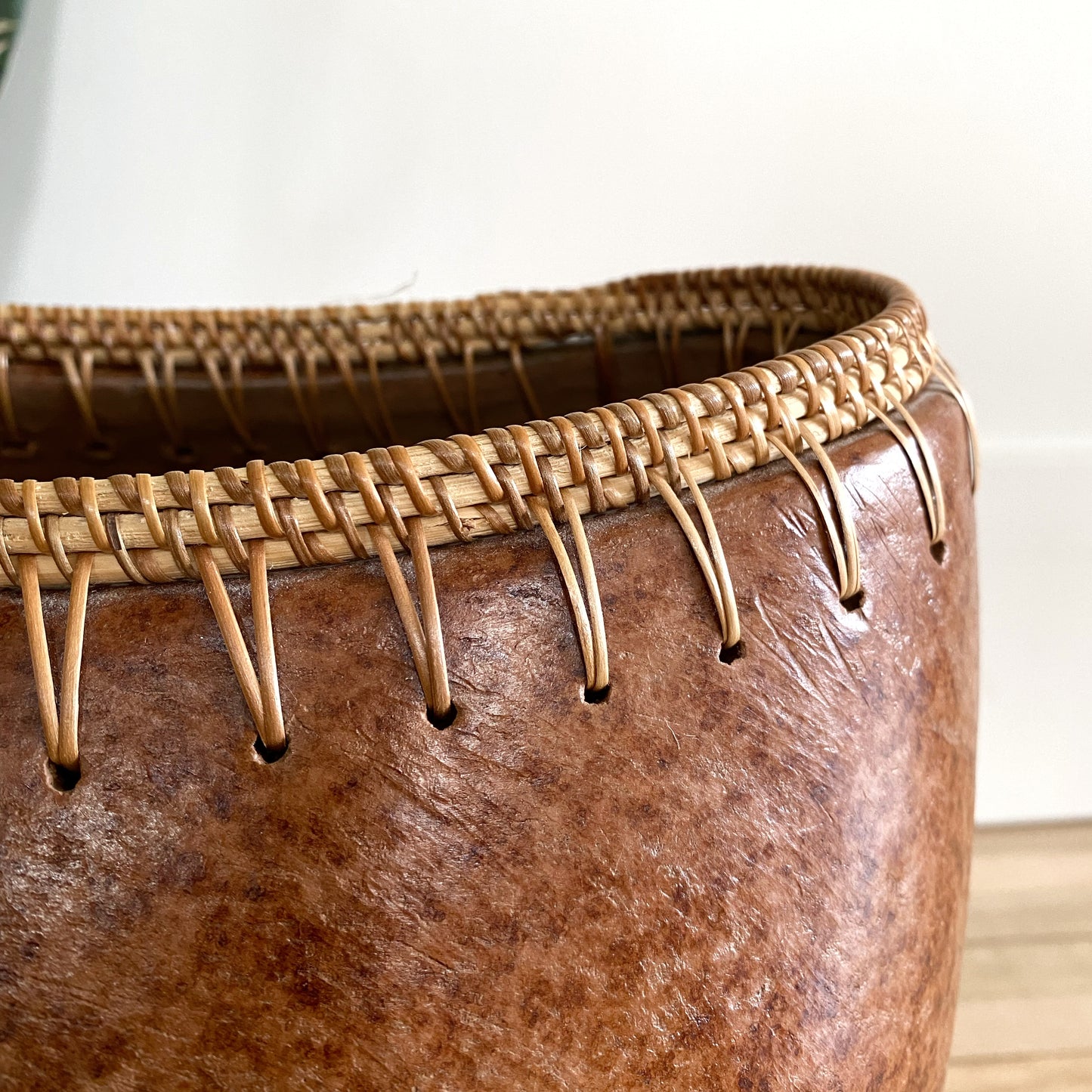 Oversized Vintage Clay Vase with Rattan Edge