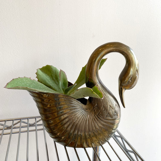 Large Vintage Brass Swan Planter