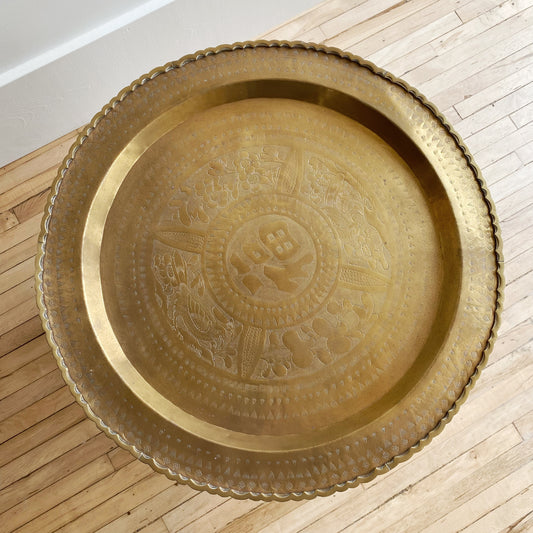 Vintage Carved Wood and Brass Tray Table