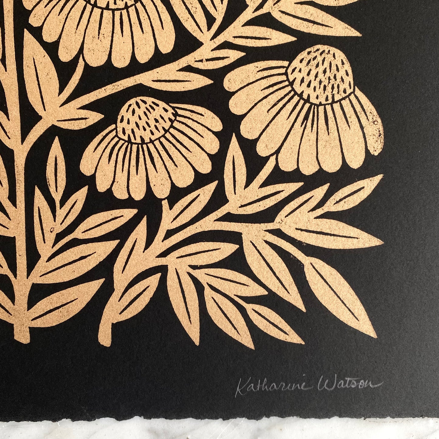 "Gold Echinacea" Hand Block-Printed Art Print (11 x 14)